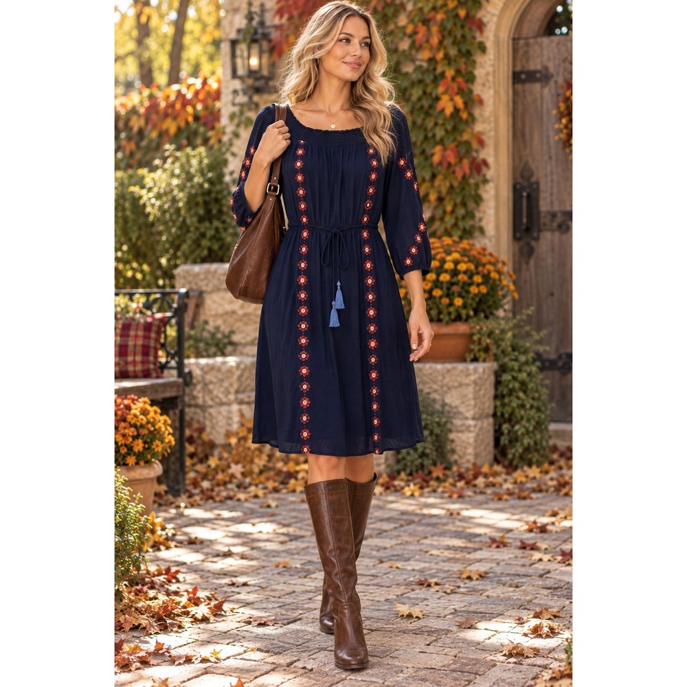 Womens Embroidered Dress Size Small Navy Blue Boho Floral Folk Hippie Waist Tie